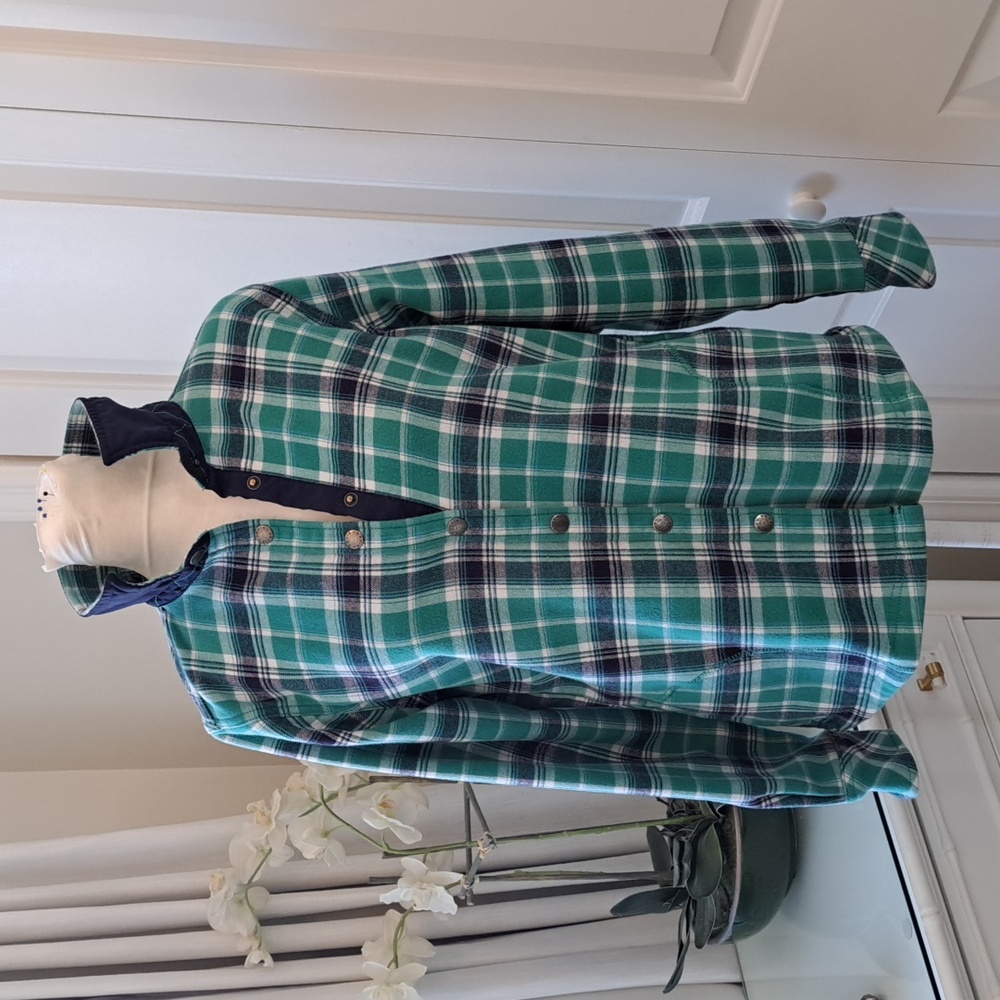 Orvis‎ Womens Aqua Green/Navy/White Plaid Fleece Lined Shirt Jacket Snap Up  MD